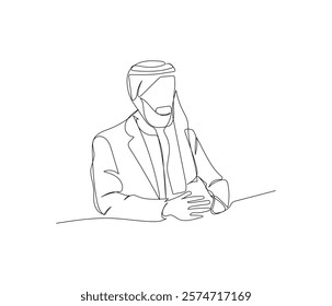 Arab businessman in a suit and keffiyeh, negotiations, deal one line art. Continuous line drawing of online Muslims, Islam, traditions, clothing, folk, oriental.