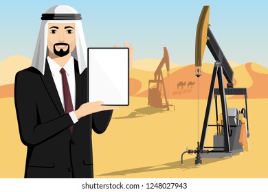 Arab businessman with tablet computer stands on the background of oil rigs in the desert. White screen, you can add your text here. Vector illustration