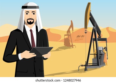 Arab businessman with tablet computer stands on the background of oil rigs in the desert. Vector illustration