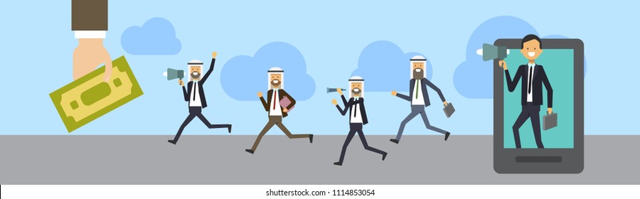 arab businessman tablet talking megaphone with business team, arabic group business suit go to dollar banknote, career success concept, full length business partnership,banner copy space, flat