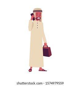 Arab businessman talking on the phone - male Saudi or Emirate cartoon character in traditional clothes smiling and standing isolated on white background. Happy business man flat vector illustration