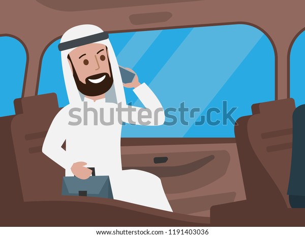 arab\
businessman talking on smartphone in car\
