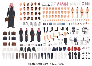 Arab businessman in traditional formal clothes DIY set or avatar kit. Bundle of body parts, postures, hairstyles, outfits. Male cartoon character. Front, side, back views. Flat vector illustration.