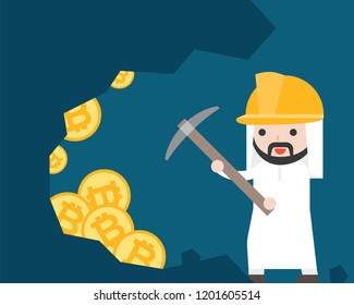 Arab Businessman use pickaxe for find bitcoin, cryptocurrency mining business situation, flat design