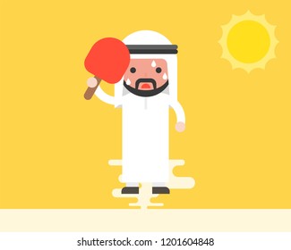 Arab Businessman using handheld fan because very hot weather under sunlight, summer theme, flat design