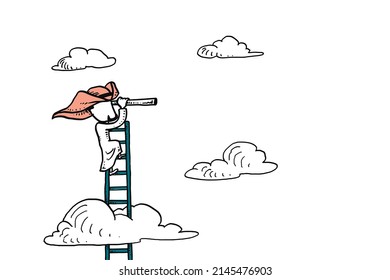 Arab businessman using ladder using telescope searching new business ideas. Cartoon vector illustration design