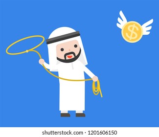 Arab Businessman using lasso noose catching flying gold coin, flat design