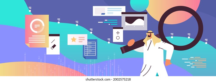 arab businessman using magnifying glass web page data analyzing marketing concept