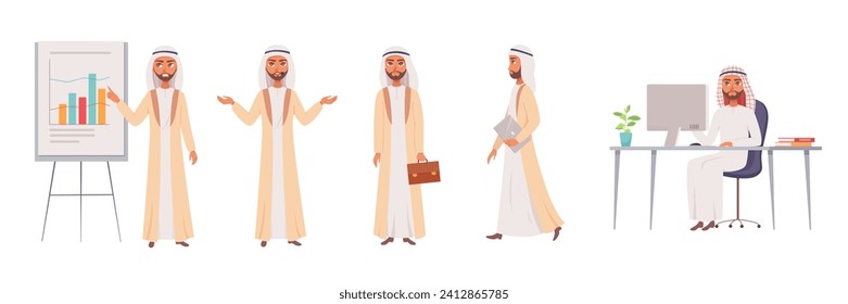 Arab businessman vector set. Saudi male characters in office. Stock market analysis, business presentation, conference, negotiations. Arabian manager, employee, analyst, teacher, professor.