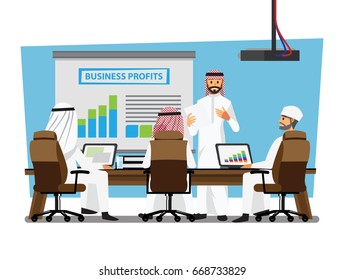 Arab businessman wearing traditional clothing Having Board Meeting,Vector illustration cartoon character