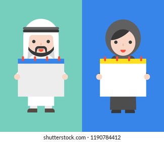 Arab businessman and arab woman holding blank calendar, flat design vector template