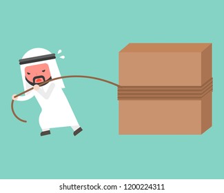 Arab Businessman work hard, pulling block with rope, vector illustration