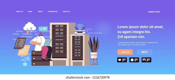 arab businessman working in data center room hosting server computer monitoring information database concept