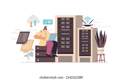 arab businessman working in data center room hosting server computer monitoring information database