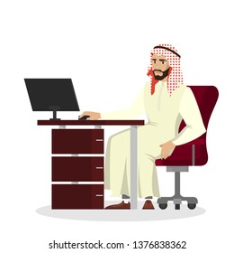 Arab businessman working at the desk on computer. Office worker. Arabian character in national clothes. Isolated vector illustration in cartoon style