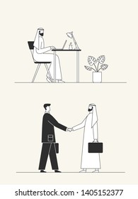 Arab businessman working with laptop in office. Business handshake, conclusion of the transaction. Web page, banner, presentation, social media, posters background. Flat vector illustration.