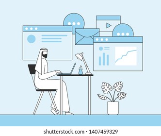 Arab businessman working with laptop in office. Web page, banner, presentation, social media, posters background. Flat vector illustration.