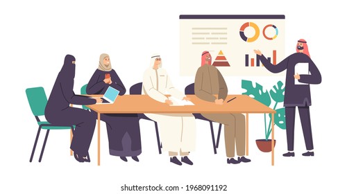 Arab Businessmen and Businesswomen in Office. Communication, Contemporary Marketing. International Partnership Relations, Arabic Business Team Characters Meeting . Cartoon People Vector Illustration