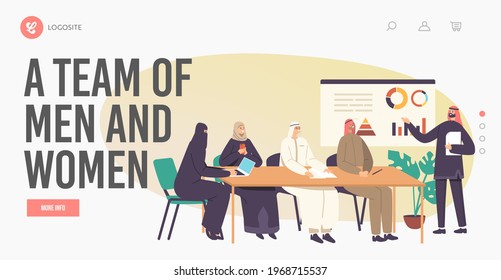 Arab Businessmen and Businesswomen Team Landing Page Template. Contemporary Marketing. International Partnership Relations, Arabic Business Characters Meeting. Cartoon People Vector Illustration