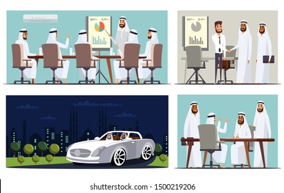 Arab businessmen flat vector illustrations set. International business partnership and collaboration. Arabian business partners coworking. Multiethnic colleagues, coworkers cartoon characters