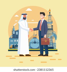 Arab businessmen handshake with a foreign businessman on oil and gas refinery background. Vector illustration eps10