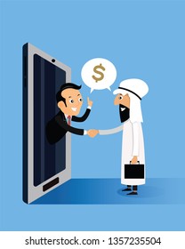 Arab businessmen are holding hands with businessmen come out of smartphones. vector illustration
