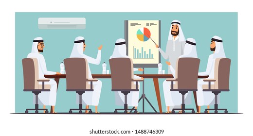 Arab businessmen meeting flat vector illustration. Stock market analysis, business presentation, conference drawing. Arabian analyst, brokers analyzing statistics cartoon characters