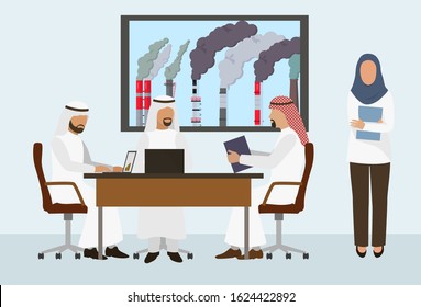 Arab businessmen sheikhs business meeting, agreement signing, deal conclusion vector illustration. Men with laptops and woman assistant. Smoking pipes of polluting industrial factory plant background.