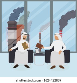 Arab businessmen sitting in armchairs with documents and laptop in smoking industrial pipes background vector illustration. Two muslim sheikhs discussing agreement and signing business deal contract.