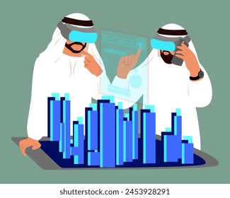 Arab Businessmen Wearing Modern Vr Glasses. Business people in virtual reality glasses modeling 3d future building. Virtual Reality Headset Concept. Vector illustration