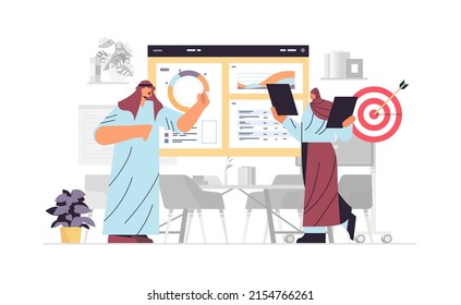 arab businesspeople analyzing statistics data on diagram business report presentation concept