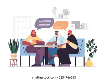 arab businesspeople with chat bubbles discussing during meeting business communication concept