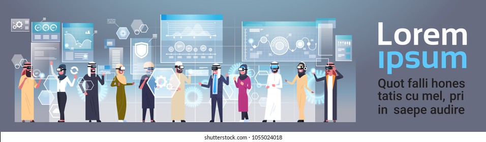 Arab Businesspeople Group In 3d Glasses Using Futuristic User Interface Virtual Reality Technology Concept Horizontal Banner With Copy Space