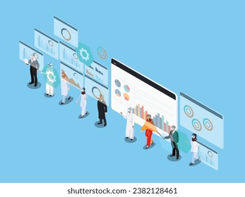 Arab Businesspeople Group In 3d Glasses Using Futuristic User Interface Virtual Reality Technology isometric 3d vector illustration concept