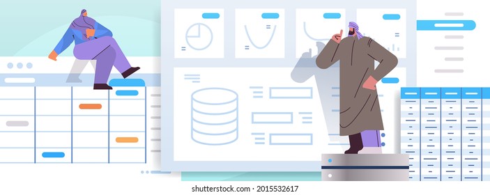 arab businesspeople team analyzing charts and graphs data analysis planning company strategy teamwork concept