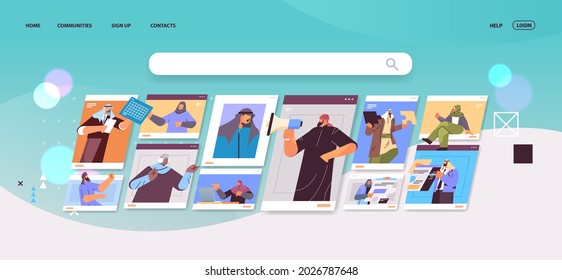 arab-Geschäftsleute in Webbrowser-Fenstern, die während des Video-Gesprächs virtuelle Konferenz Online-Kommunikation