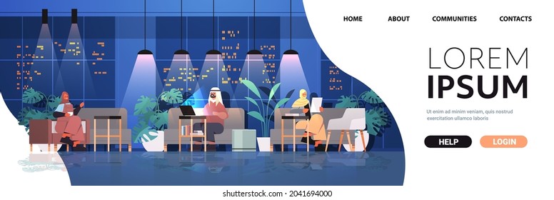 arab businesspeople working in creative open space arabic business people team in night dark office horizontal full length copy space vector illustration