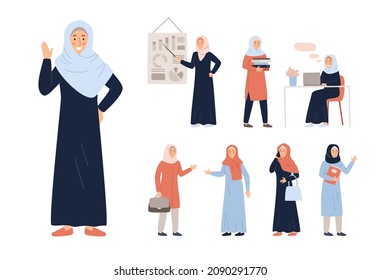Arab businesswoman character. Business team of Saudi women is working on project at the office. Muslim business female wears hijab and abaya at her workplace cartoon vector illustration.