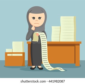 arab businesswoman confused with a list of all the tasks assigned to him