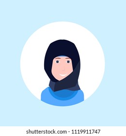 arab businesswoman face happy woman portrait on blue background, female avatar flat vector illustration