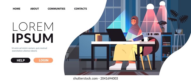 arab businesswoman freelancer working on laptop arabic woman sitting at workplace in dark night home room