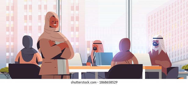 arab businesswoman leader discussing with arabic businesspeople group during conference meeting successful teamwork concept modern office interior horizontal portrait vector illustration