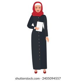 Arab businesswoman with report. Muslim female office worker cartoon vector illustration