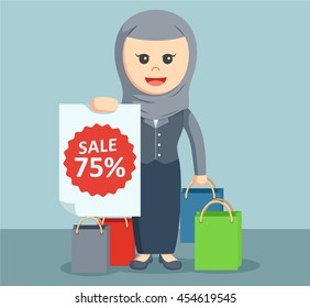 arab businesswoman showing discount sign