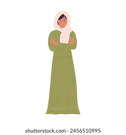 Arab businesswoman standing with crossed arms, woman in traditional Muslim dress vector illustration