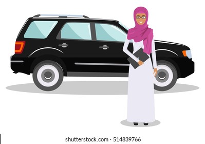 Arab businesswoman standing near the car on white background in flat style. Business concept. Detailed illustration of automobile and saudi arabic woman. Flat design people character. Vector.