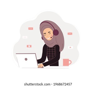 Arab call center. Woman assistant in hijab. Vector illustration in trendy style