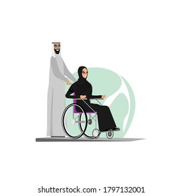 An Arab carries his wife in a wheelchair.