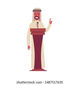 Arab cartoon character giving presentation speech on lectern podium, happy Arabic business man in saudi clothes pointing finger and speaking into microphone, isolated flat vector illustration