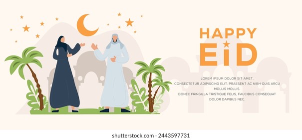 Arab Cartoon Family Wearing Traditional Clothes, Eid Mubarak Greeting Banner Design, Vector Illustration.